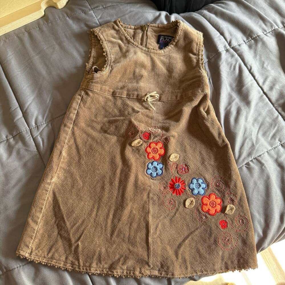 The Children's Place Corduroy Dress Size 24 MOS Brown Floral Embroidered